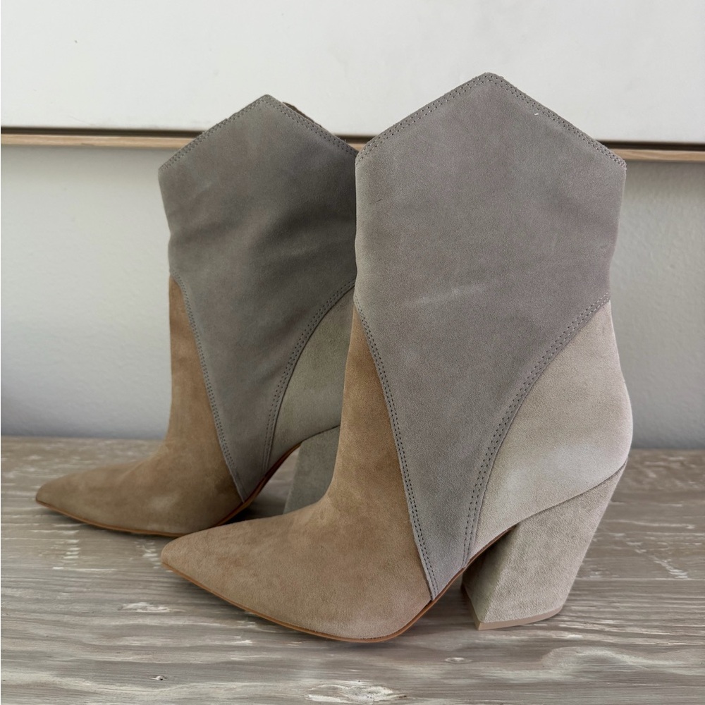 Dolce Vita Two-Tone Suede Pointed Toe Heeled Boots in Taupe and Gray